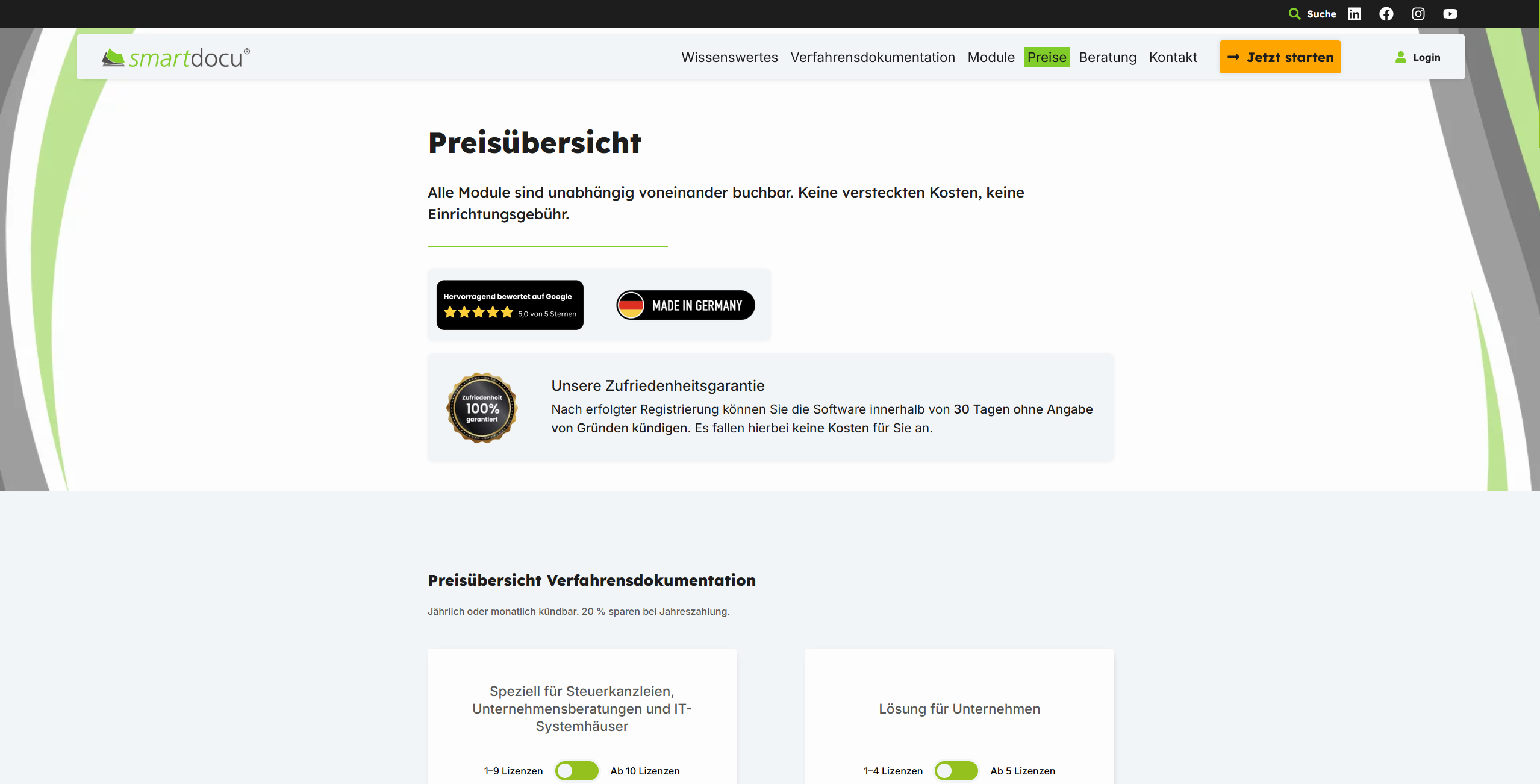 Smartdocu Seitenbereich mit Produktinformationen