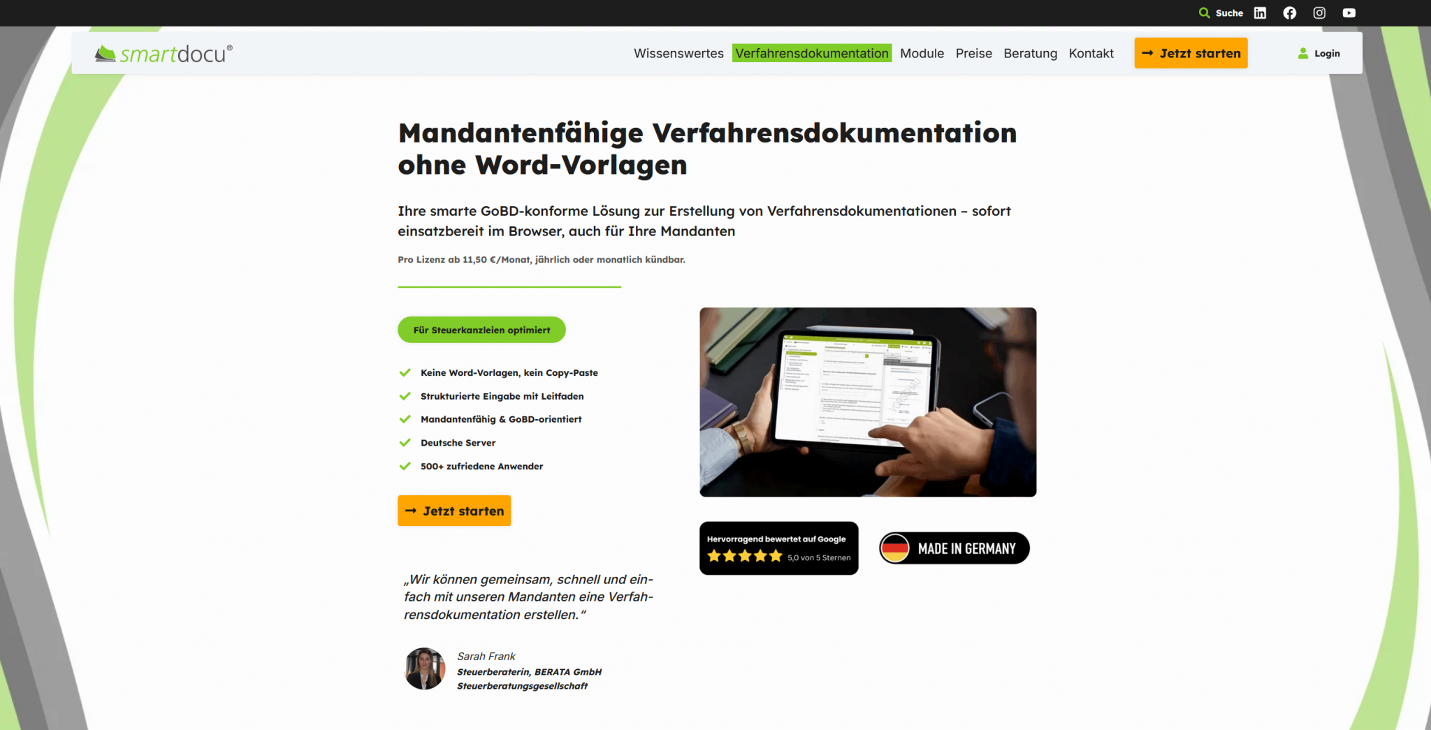 SEM-Verkaufsseite von smartdocu in der Desktop-Ansicht
